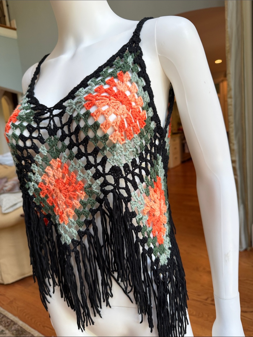 Boho Crochet Fringe Tank Top - Black with Coral & Sage - Picture 3 of 7